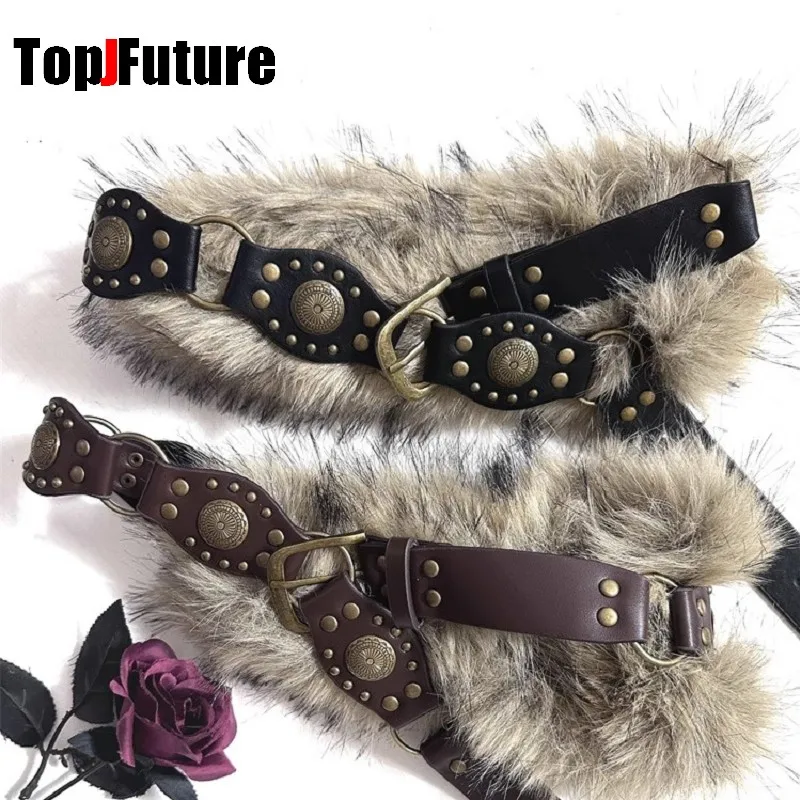 The Spice Girl Women's Harajuku Steampunk Y2K Plush American Vintage Dark Furry Belt Concave Shaped Decorative Waist Chain