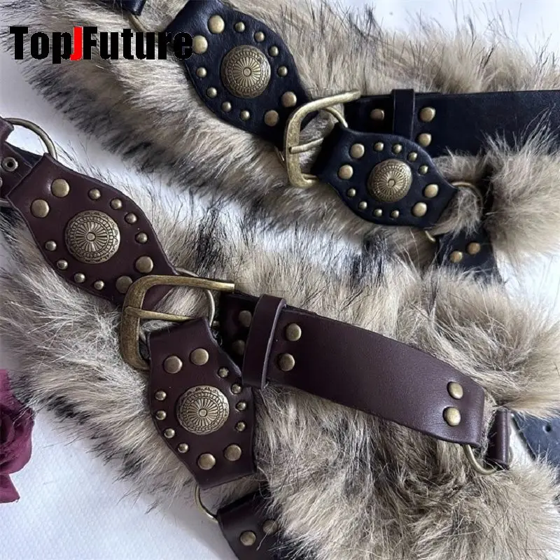 The Spice Girl Women's Harajuku Steampunk Y2K Plush American Vintage Dark Furry Belt Concave Shaped Decorative Waist Chain