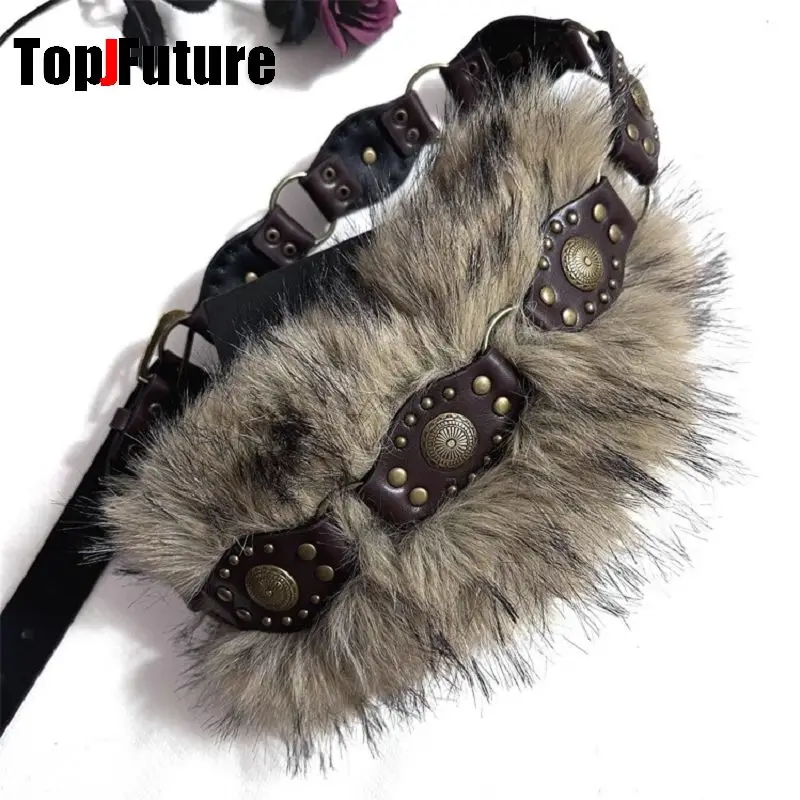 The Spice Girl Women's Harajuku Steampunk Y2K Plush American Vintage Dark Furry Belt Concave Shaped Decorative Waist Chain