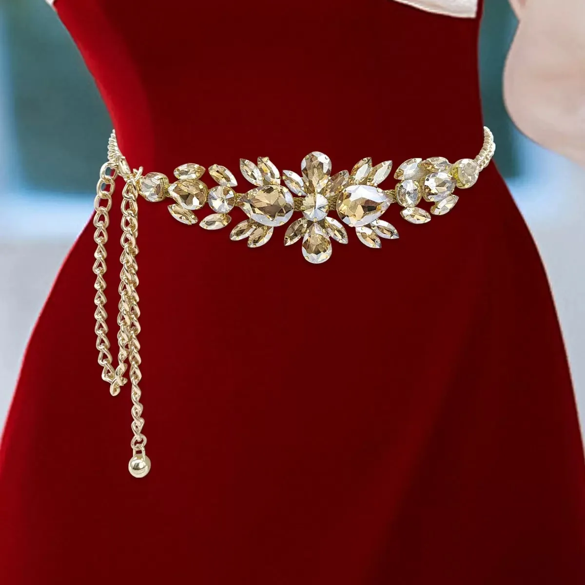 New Women's Rhinestone Inlaid Chain Belt High-end Gold Waist Chain Fashion Dress Evening Dress Accessories