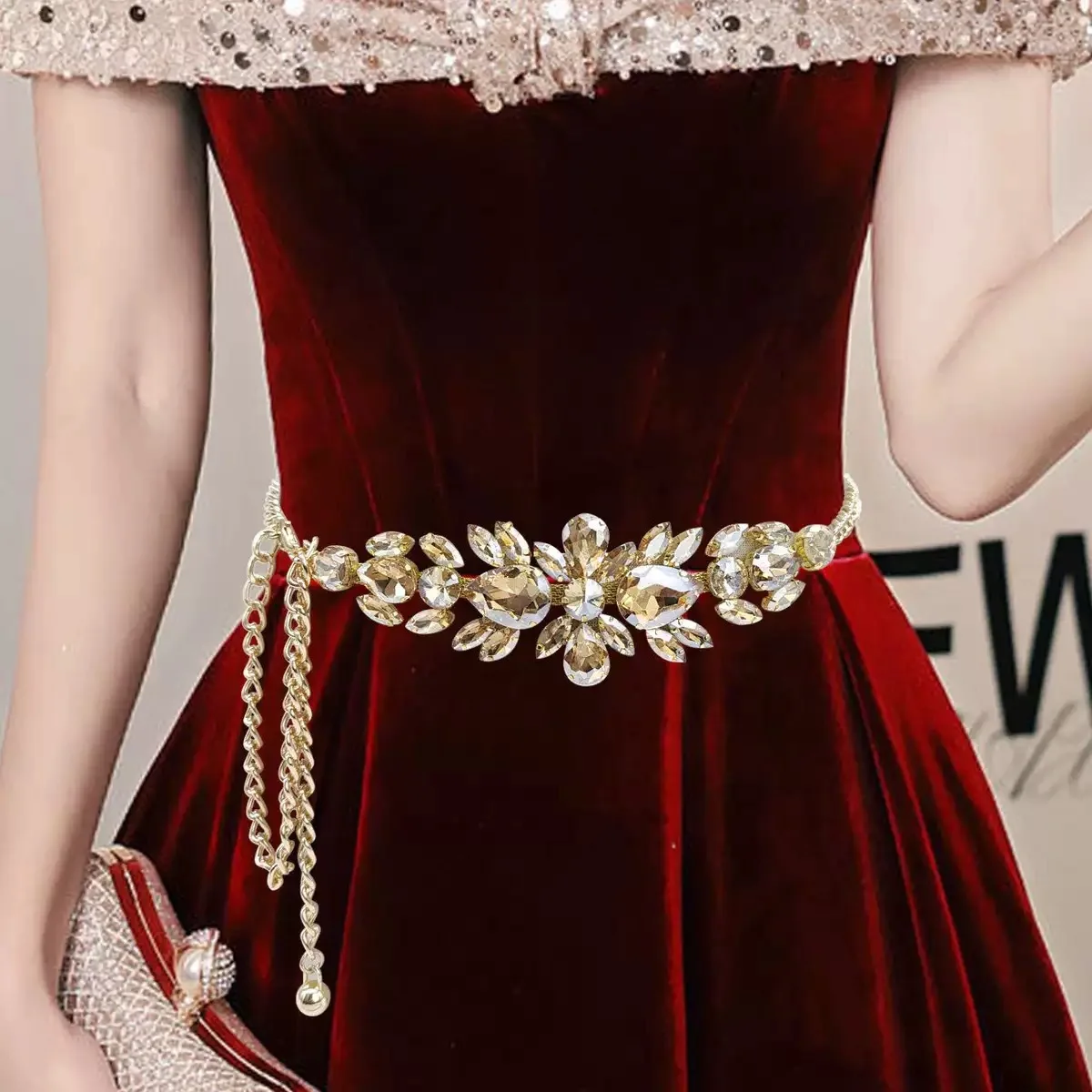 New Women's Rhinestone Inlaid Chain Belt High-end Gold Waist Chain Fashion Dress Evening Dress Accessories