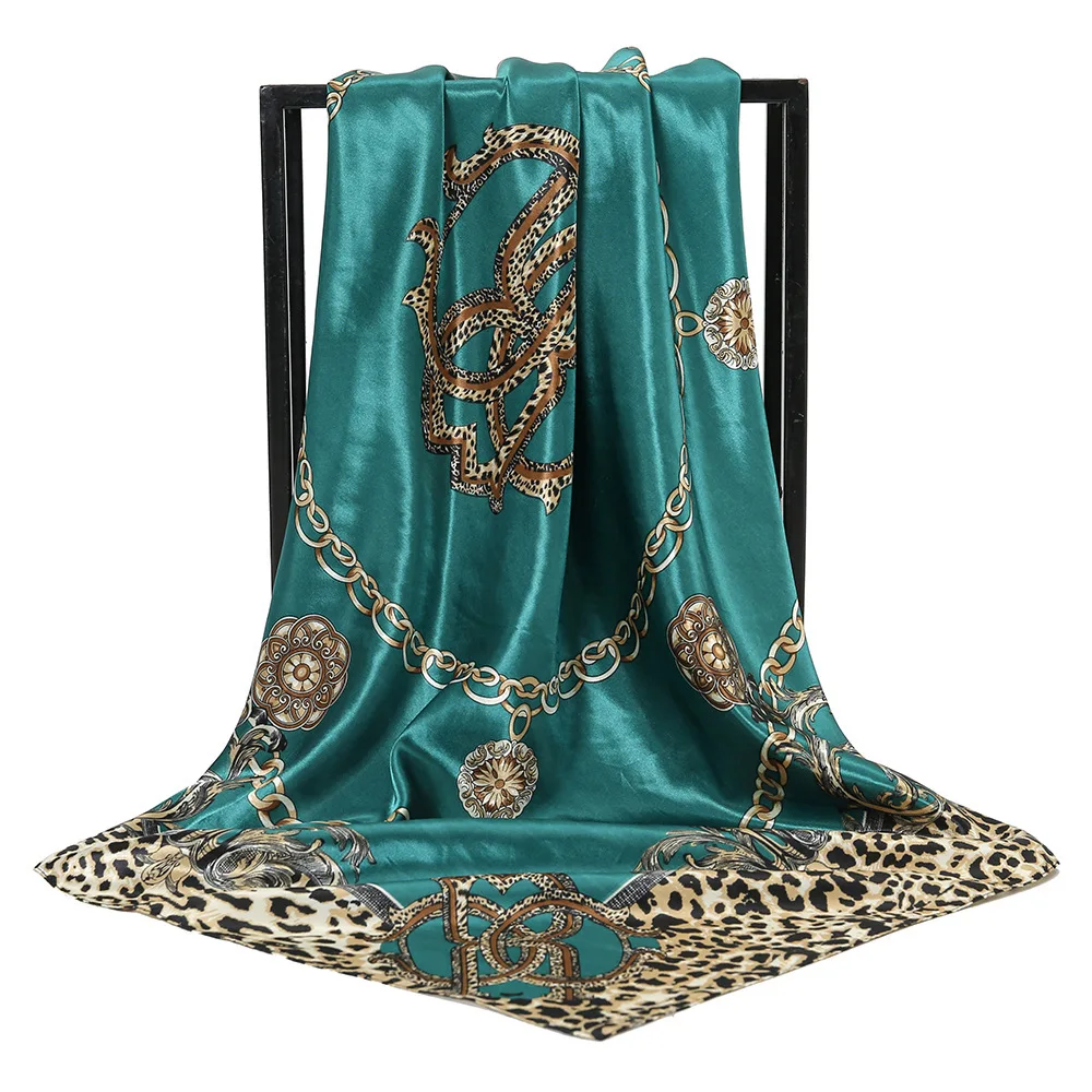 1PC Square Scarf with Leopard Print and Color Block Design - Versatile Satin Scarf, Head Scarf, Multi-purpose Silk-like Scarf