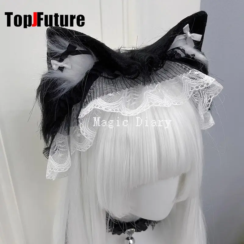 Japanese Subculture Y2K Girls Cosplay Lace Ruffle Beast Ear Hair Band Gothic Lolita Harajuku Women's Hair Hoops Hair Accessories