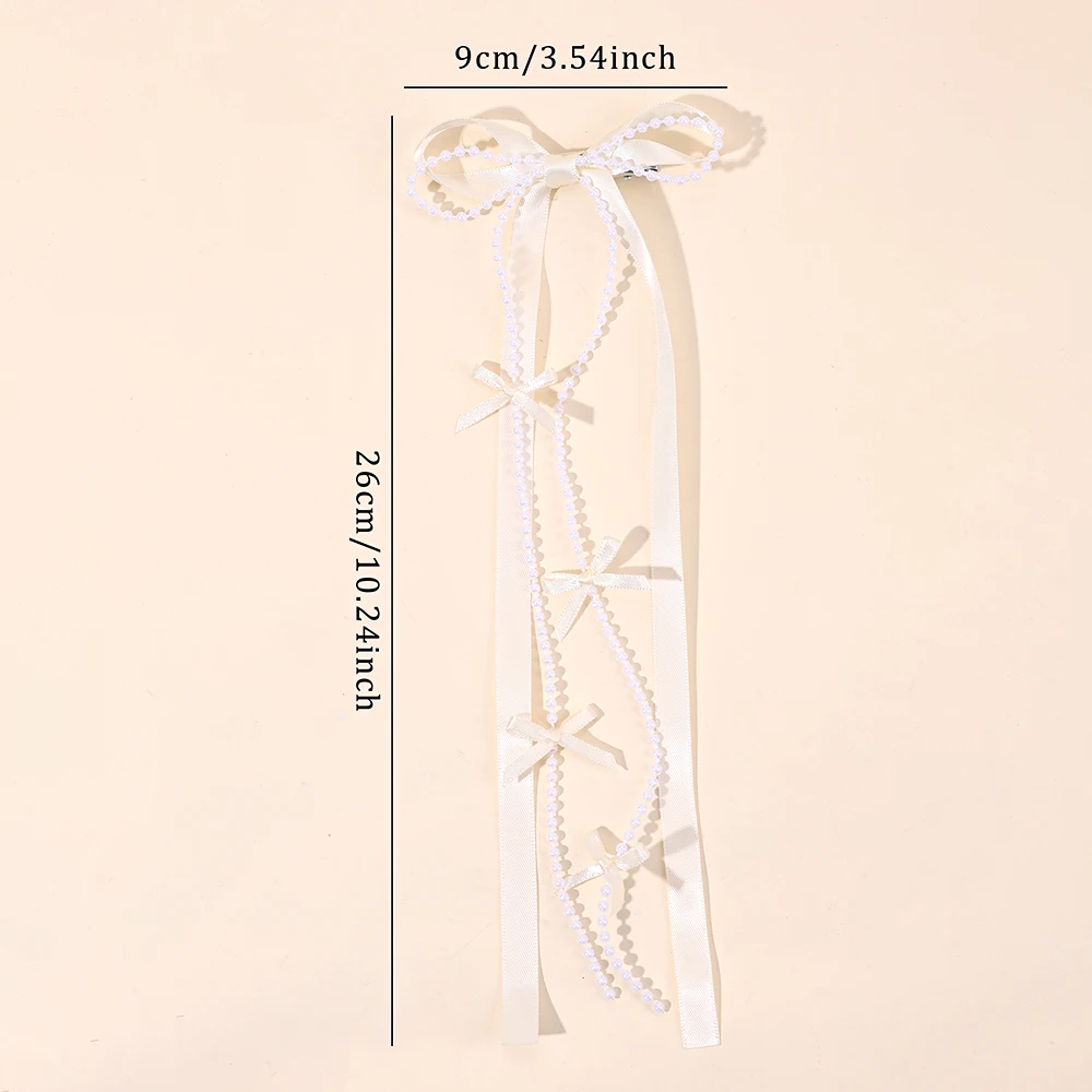 2Pcs White Satin Bow Hair Clips With Pearl Chains Elegant Long Ribbon Hairpins Sweet Romantic Hair Accessories For Girls Women