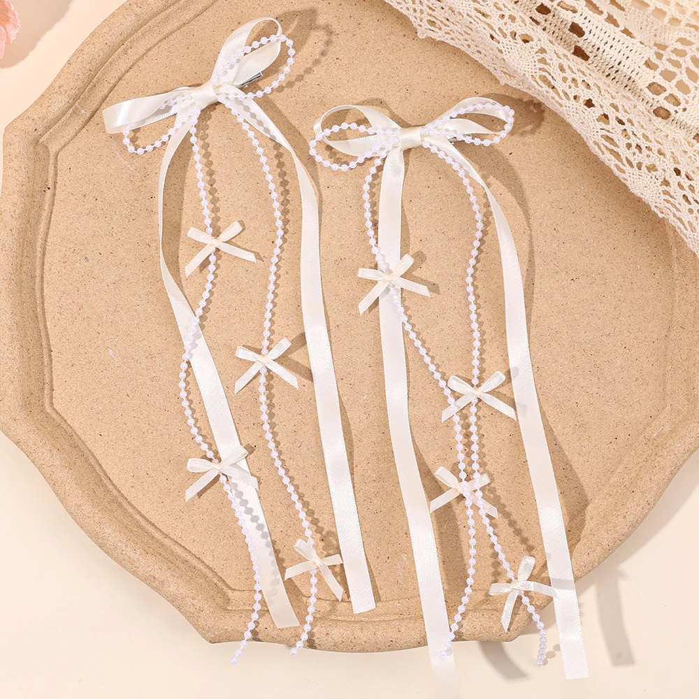 2Pcs White Satin Bow Hair Clips With Pearl Chains Elegant Long Ribbon Hairpins Sweet Romantic Hair Accessories For Girls Women