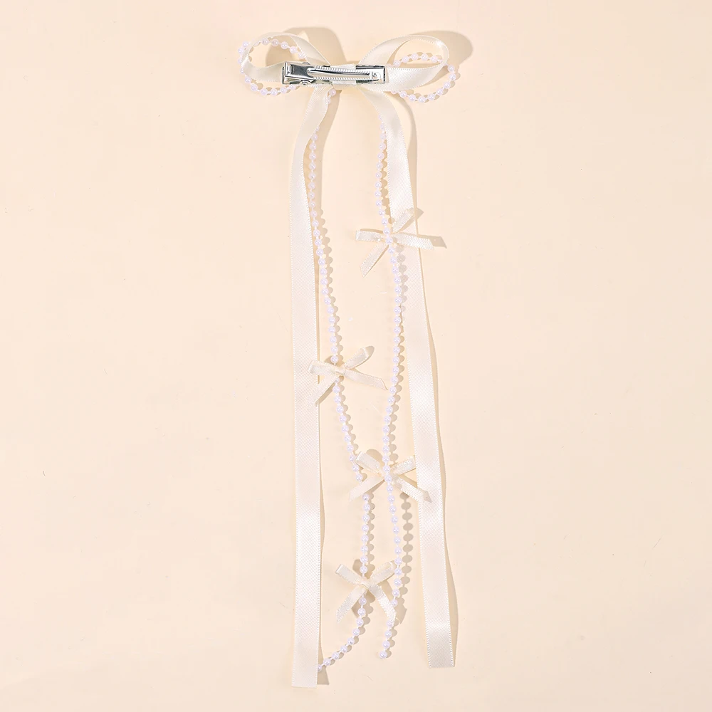 2Pcs White Satin Bow Hair Clips With Pearl Chains Elegant Long Ribbon Hairpins Sweet Romantic Hair Accessories For Girls Women