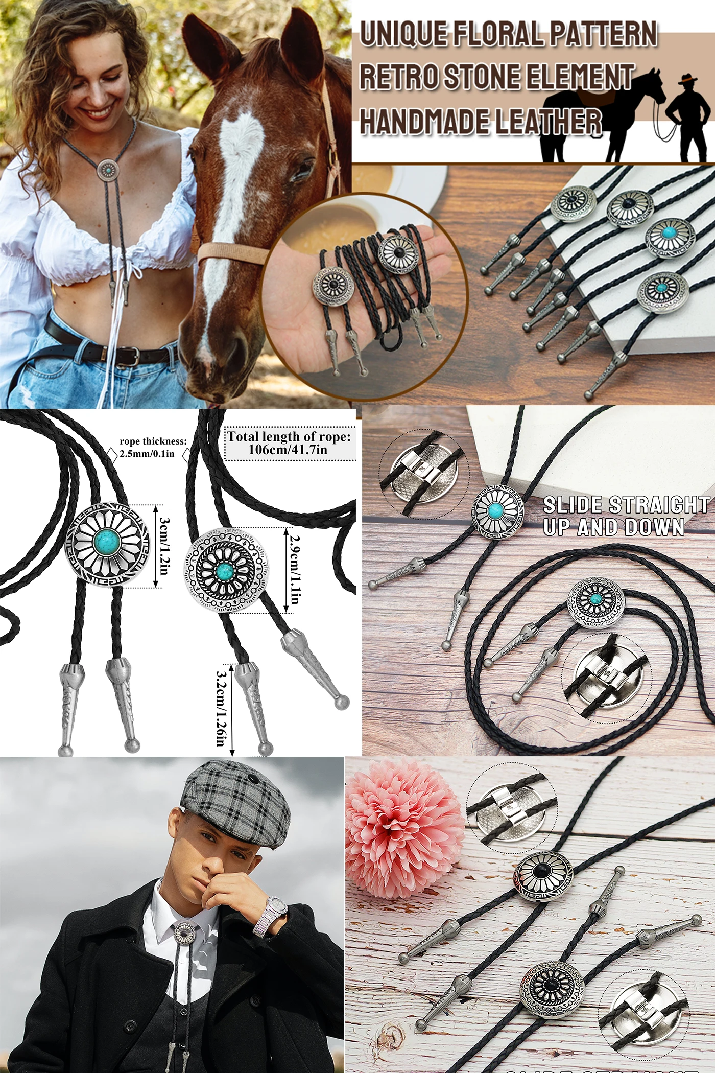Western Cowboy Bolo Tie Necklace Necktie Accessories Men Women Vintage Stone Pendant Leather Bolo Ties Concert Rodeos Neckwear