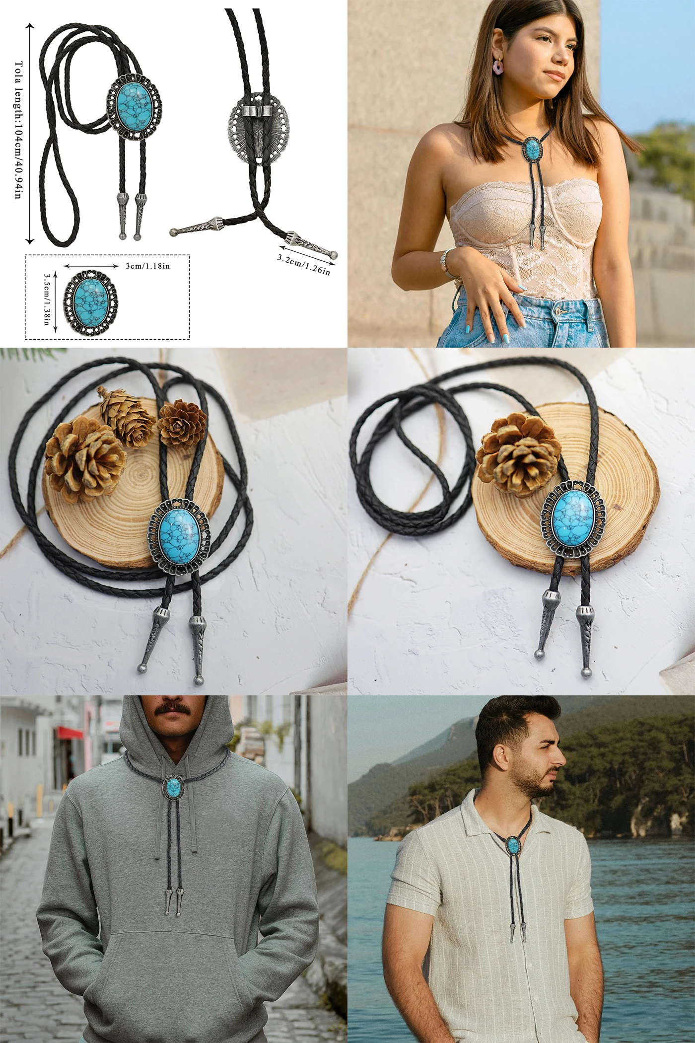 Western Cowboy Bolo Tie Necklace Necktie Accessories Men Women Vintage Stone Pendant Leather Bolo Ties Concert Rodeos Neckwear