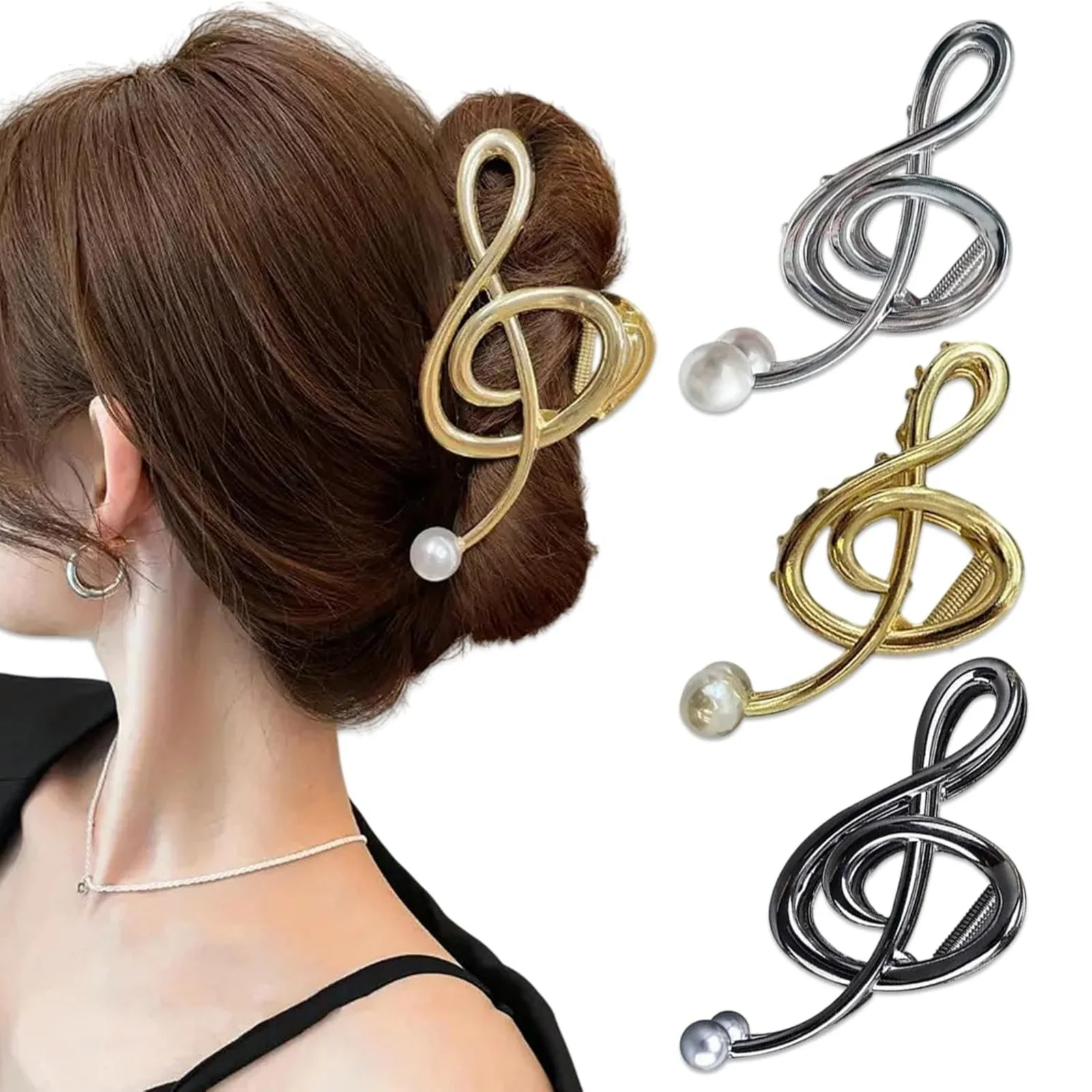 1PC Treble Clef Hair Clips with Pearls, Metal Music Note Hair Accessories, Fashionable Hair Claws for Women's Chic Looks