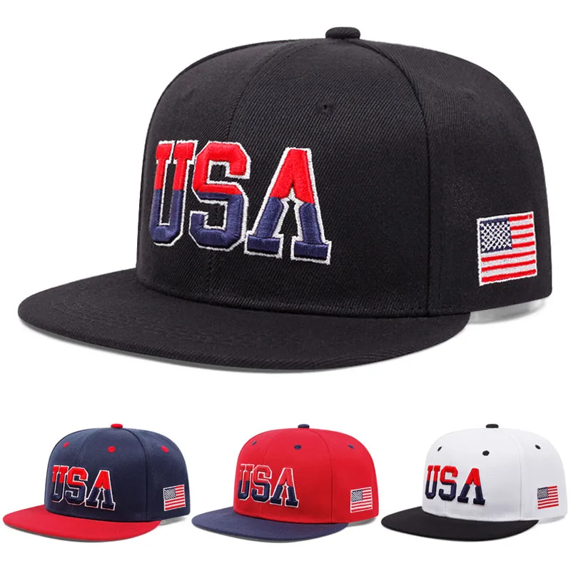 2025 Fashion Personalized New Flat Brimmed Hat USA Embroidered Street Dance Hip Hop Hat Daily Sunshade Hat Baseball Hat Unisex
