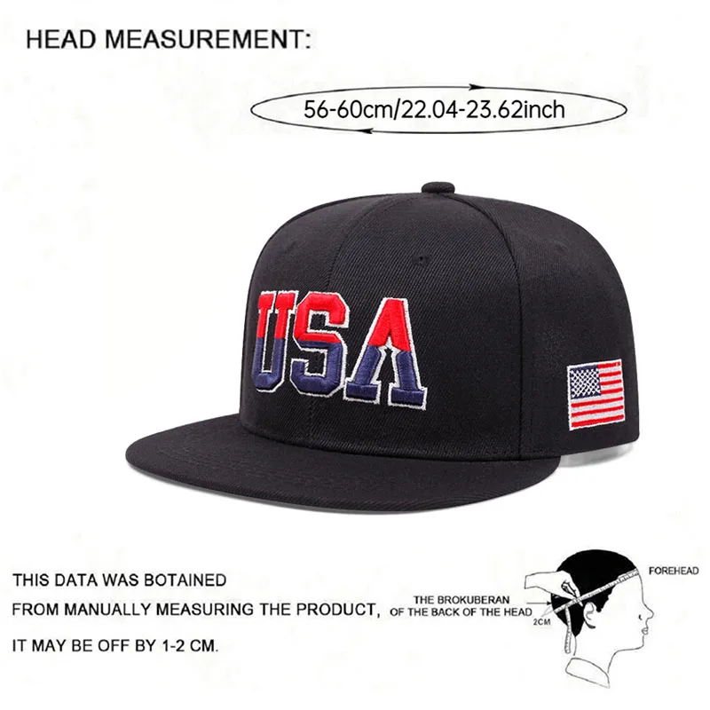 2025 Fashion Personalized New Flat Brimmed Hat USA Embroidered Street Dance Hip Hop Hat Daily Sunshade Hat Baseball Hat Unisex