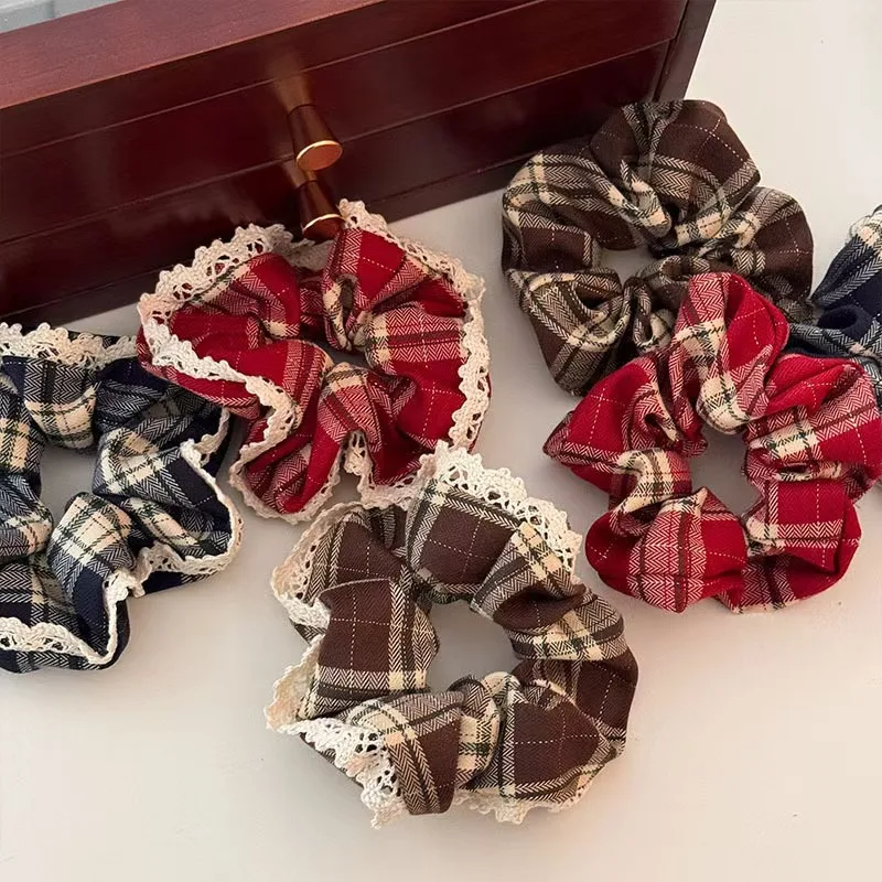 1pc/Red Lace Plaid Large Intestine Scrunchie Women's High-End Sense New Year's Christmas Atmosphere Korean Tie Headband Tie
