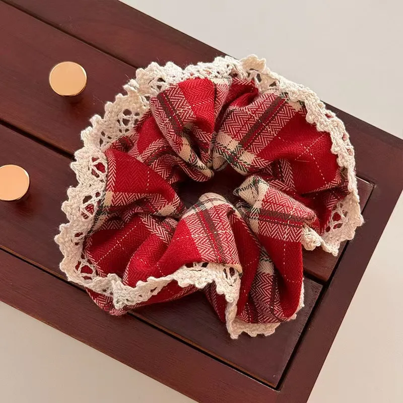 1pc/Red Lace Plaid Large Intestine Scrunchie Women's High-End Sense New Year's Christmas Atmosphere Korean Tie Headband Tie