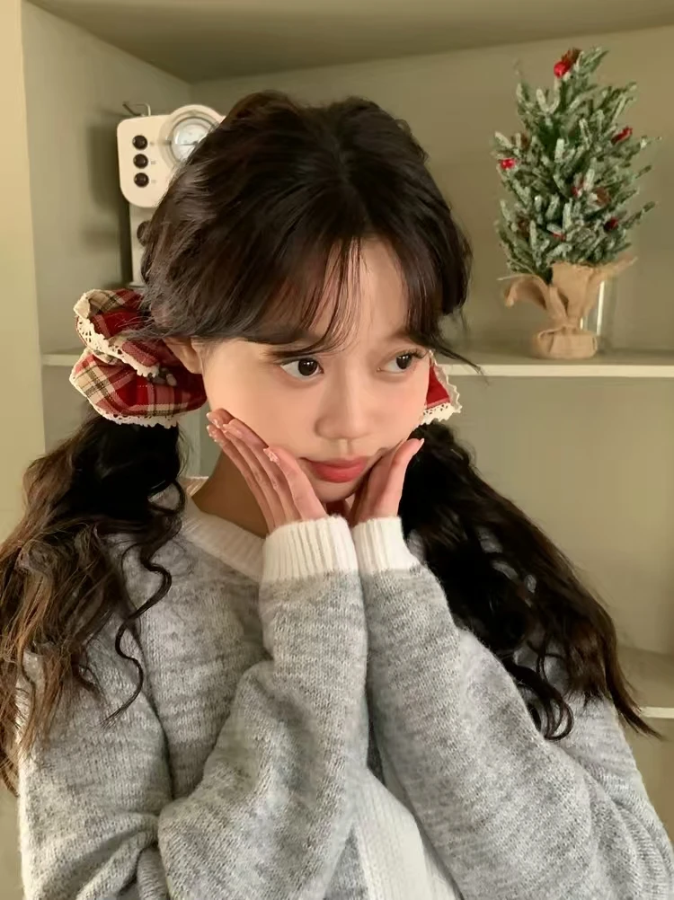 1pc/Red Lace Plaid Large Intestine Scrunchie Women's High-End Sense New Year's Christmas Atmosphere Korean Tie Headband Tie