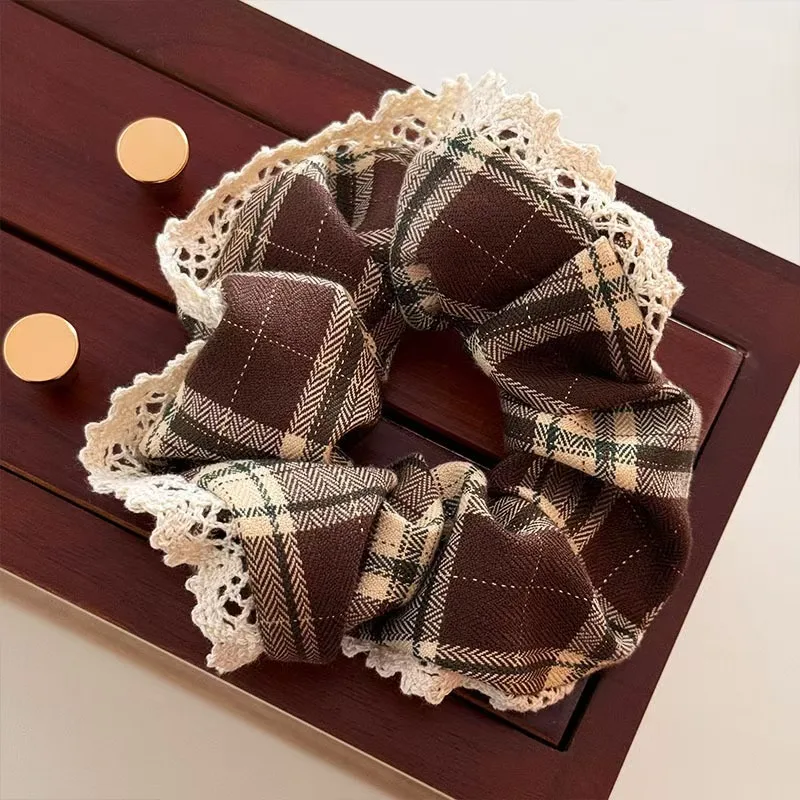 1pc/Red Lace Plaid Large Intestine Scrunchie Women's High-End Sense New Year's Christmas Atmosphere Korean Tie Headband Tie