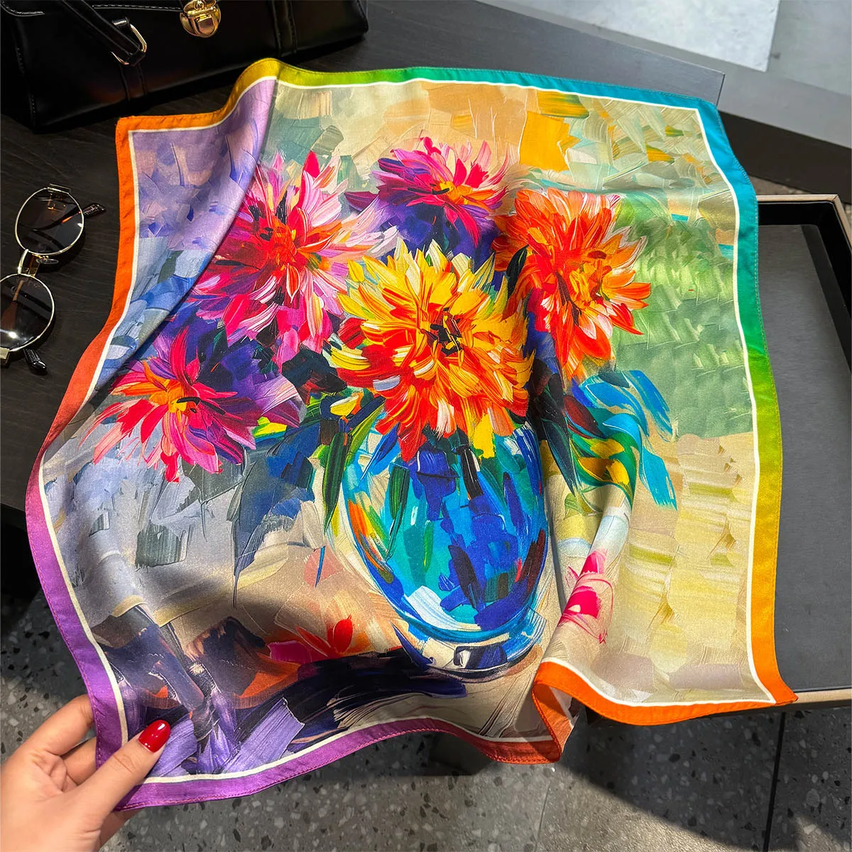 Luxury 100% Mulberry Silk Scarf Women Oil Floral Print Bandana Shawl Lady Neckerchief Handkerchief Female Decorative Wrap 53cm