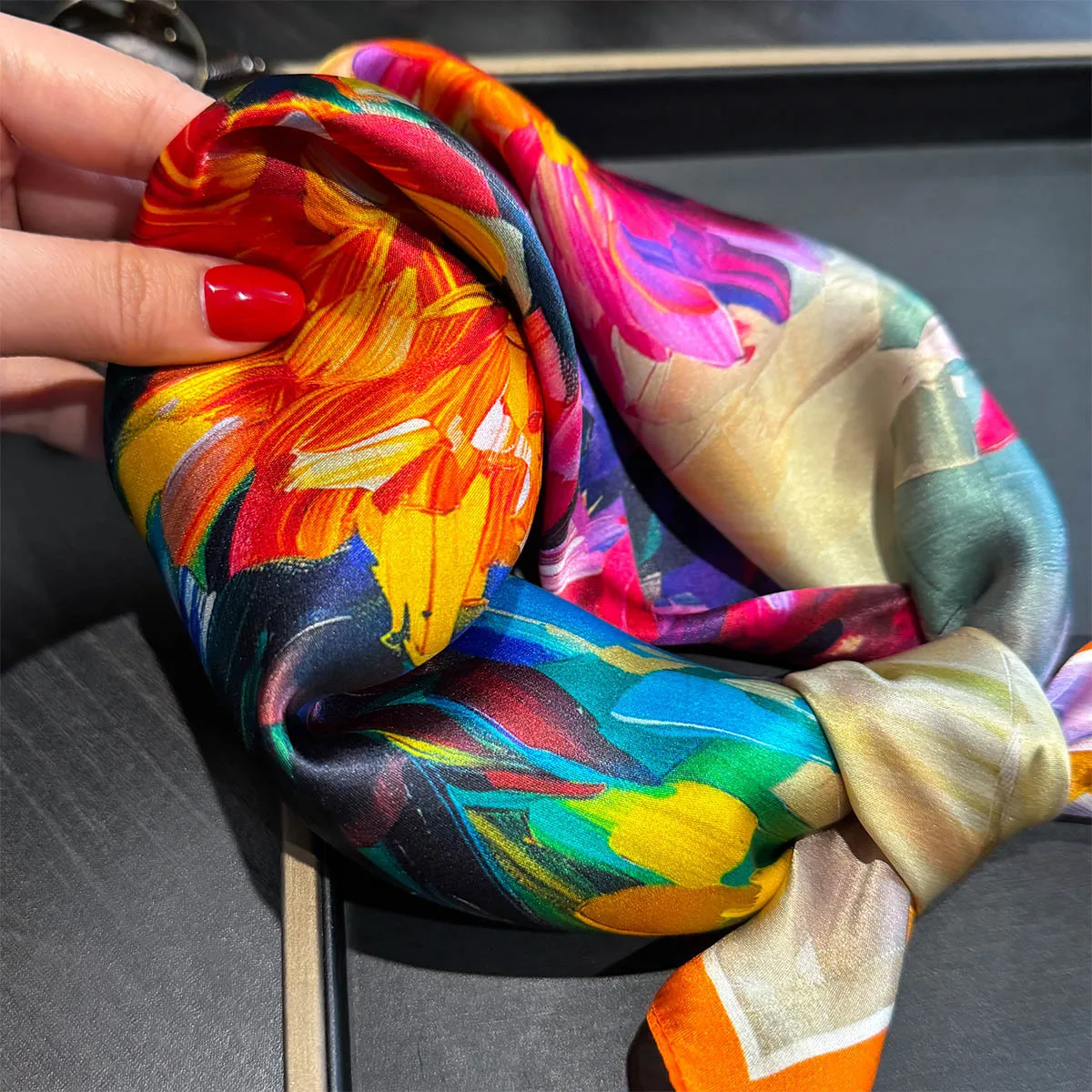 Luxury 100% Mulberry Silk Scarf Women Oil Floral Print Bandana Shawl Lady Neckerchief Handkerchief Female Decorative Wrap 53cm