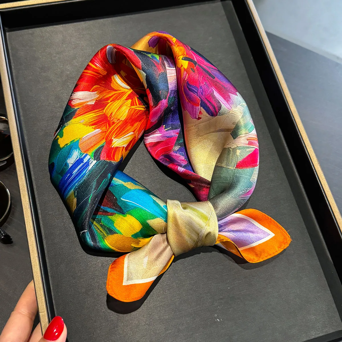 Luxury 100% Mulberry Silk Scarf Women Oil Floral Print Bandana Shawl Lady Neckerchief Handkerchief Female Decorative Wrap 53cm