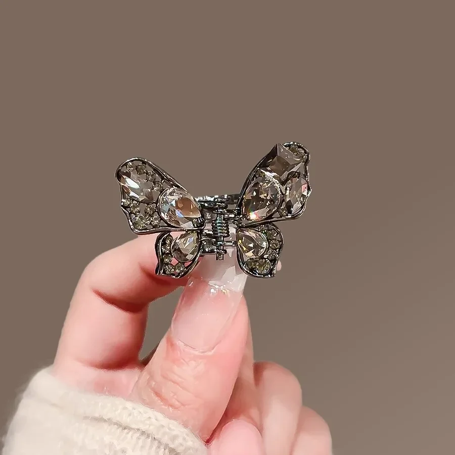 Cute Black Crystal Butterfly Small Hair Claw High-end Women's Bangs Side Hair Grip Sweet Korean Hair Clip Fashion Top Clip