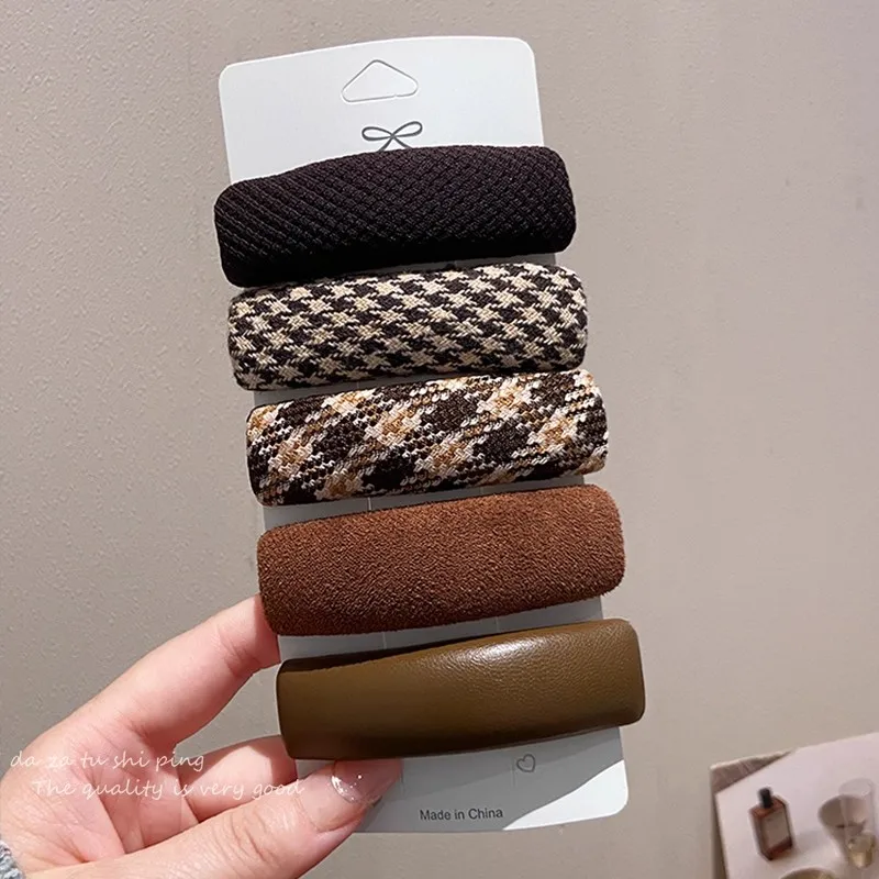 5pcs/set Vintage Brown Plaid Rectangle Hairpins For Women Girls Sweet Hair Ornament Barrettes Hair Clip Fashion Hair Accessories