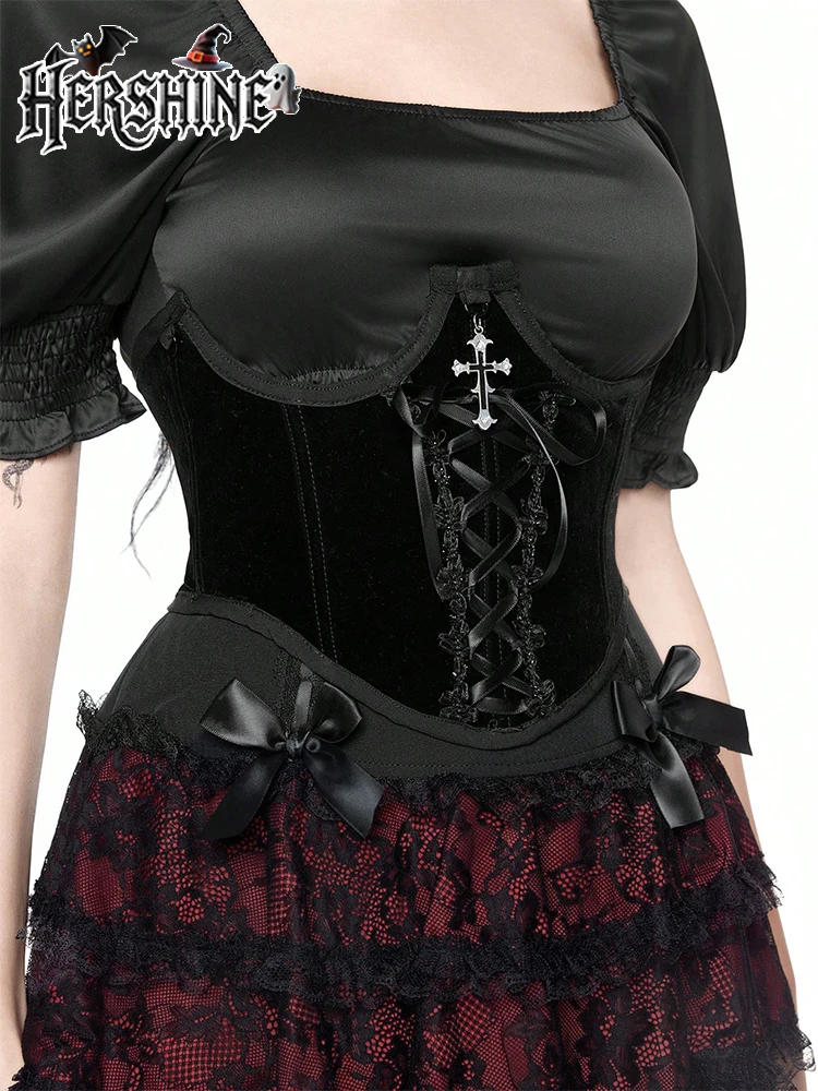 HERSHINE Women's Black Fashion Cross Velvet Shaping Waist Cincher, Y2K Gothic Harajuku Style Sexy Accessory,spring,summer