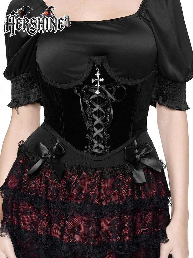 HERSHINE Women's Black Fashion Cross Velvet Shaping Waist Cincher, Y2K Gothic Harajuku Style Sexy Accessory,spring,summer