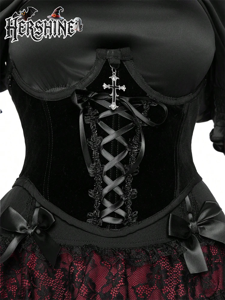 HERSHINE Women's Black Fashion Cross Velvet Shaping Waist Cincher, Y2K Gothic Harajuku Style Sexy Accessory,spring,summer