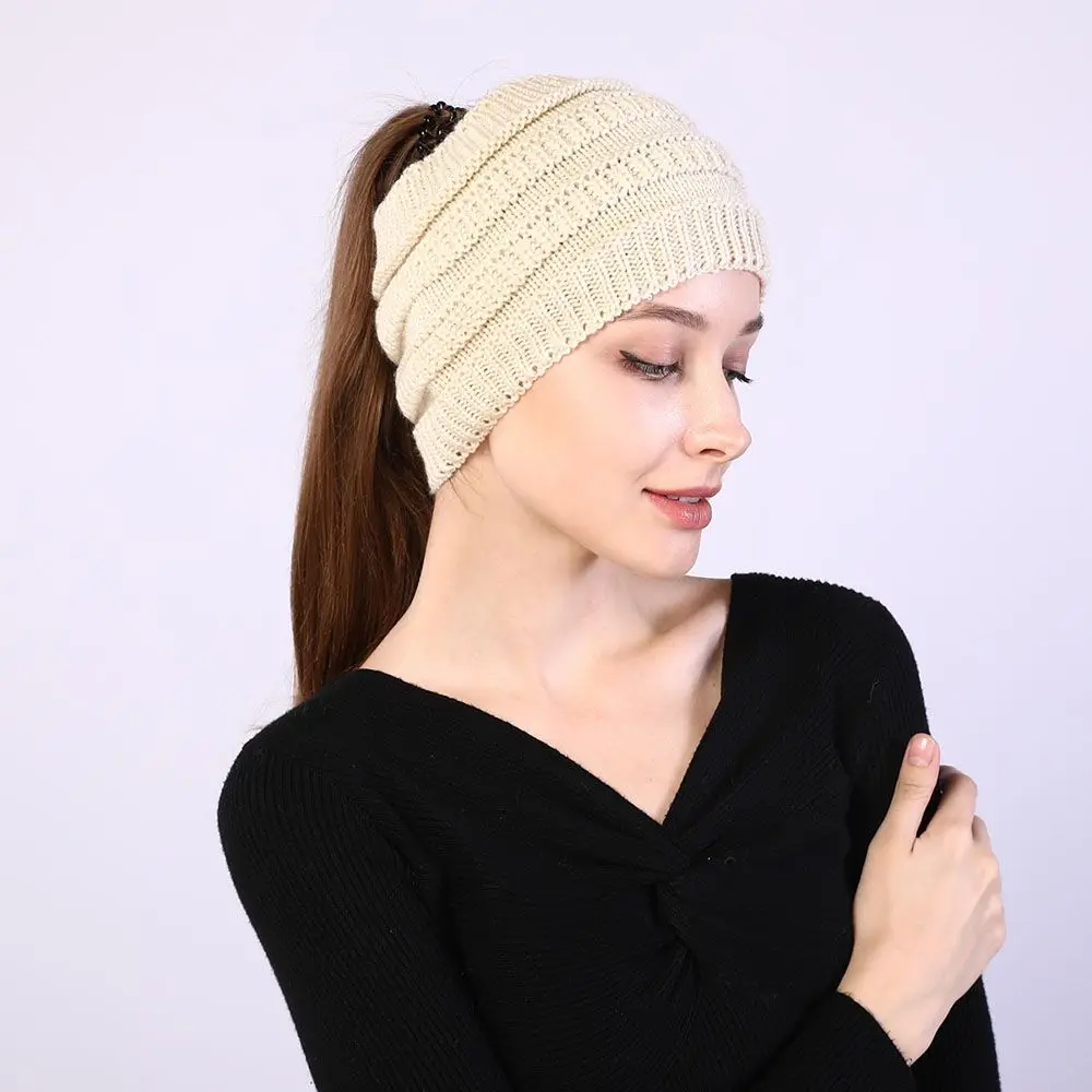 1Pcs Autumn Winter Women Girl Turban Headwraps Headwear Ear Warmer Knitting Headband Hair Band Ponytail Beanie Hat