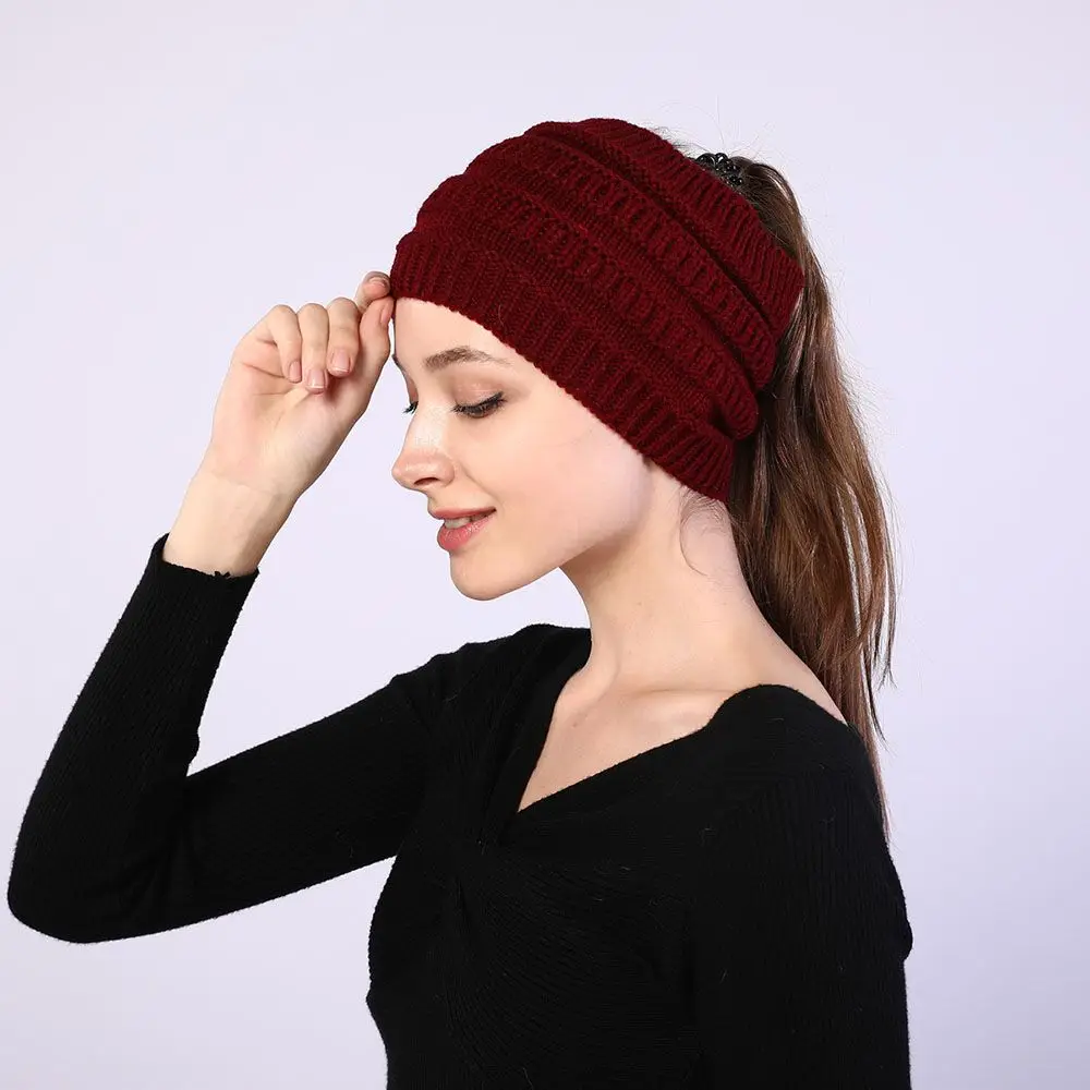 1Pcs Autumn Winter Women Girl Turban Headwraps Headwear Ear Warmer Knitting Headband Hair Band Ponytail Beanie Hat