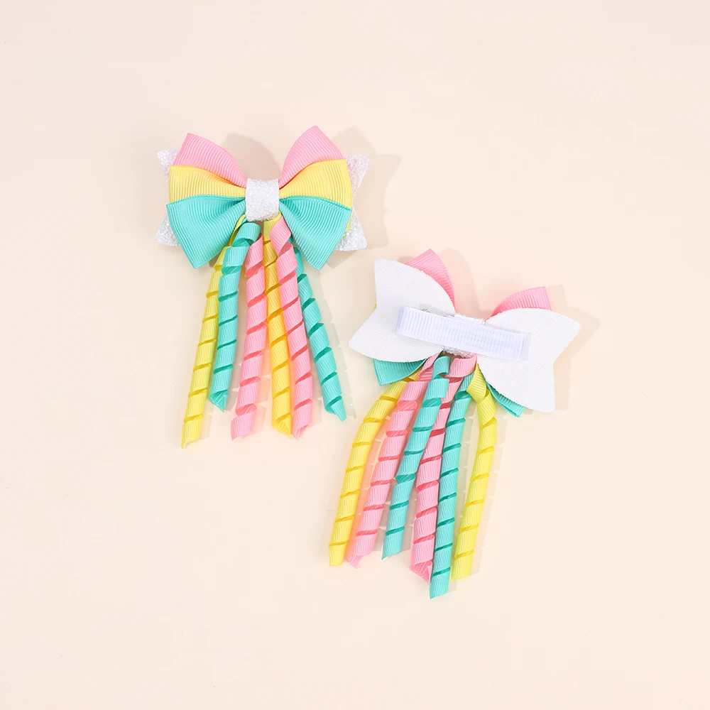 2Pcs Ribbon-Tassel Hair Clips Popular Sweet Rainbow Curly Ribbon Double Ponytail Hairpin Baby Girl Hair Accessories For Children