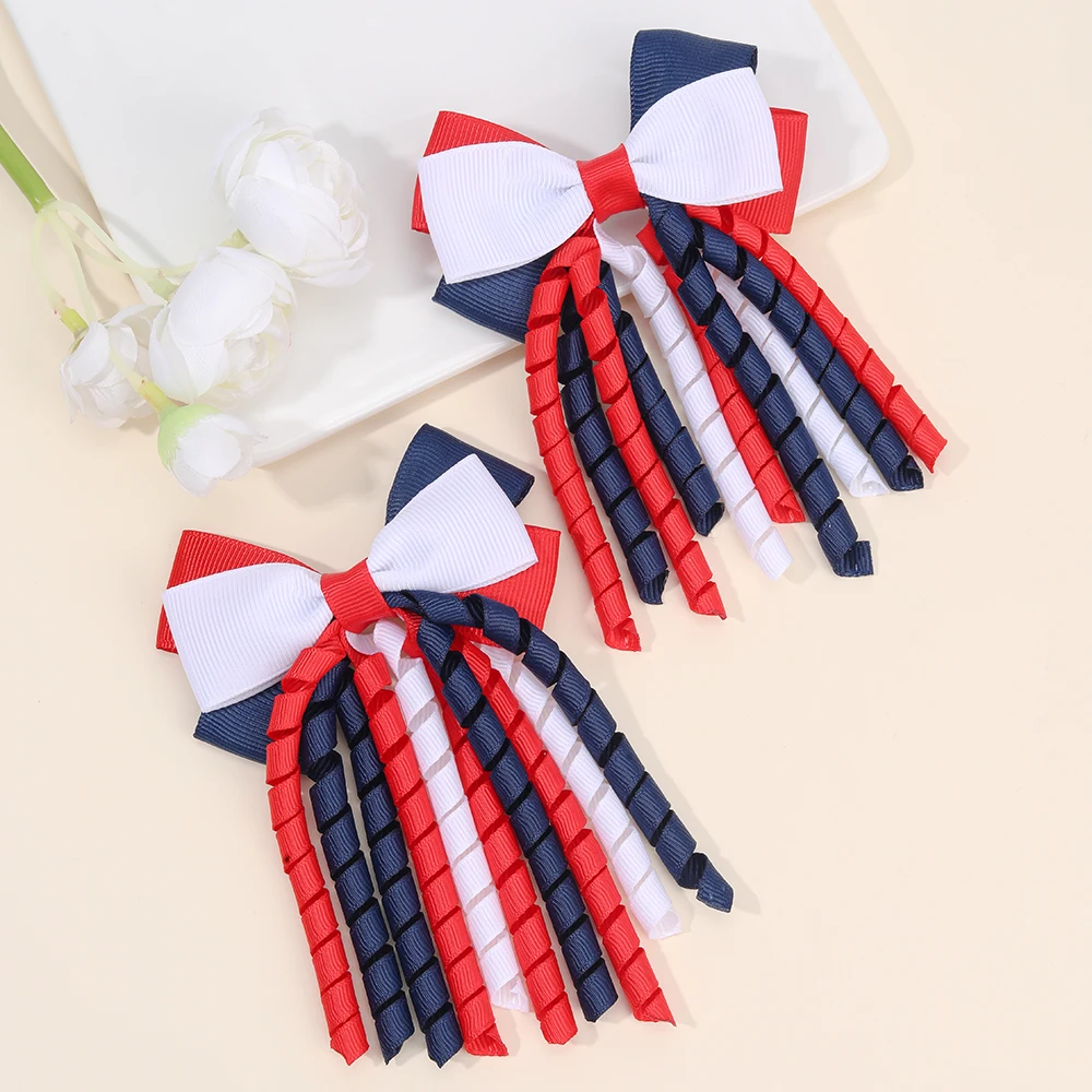 2Pcs Ribbon-Tassel Hair Clips Popular Sweet Rainbow Curly Ribbon Double Ponytail Hairpin Baby Girl Hair Accessories For Children