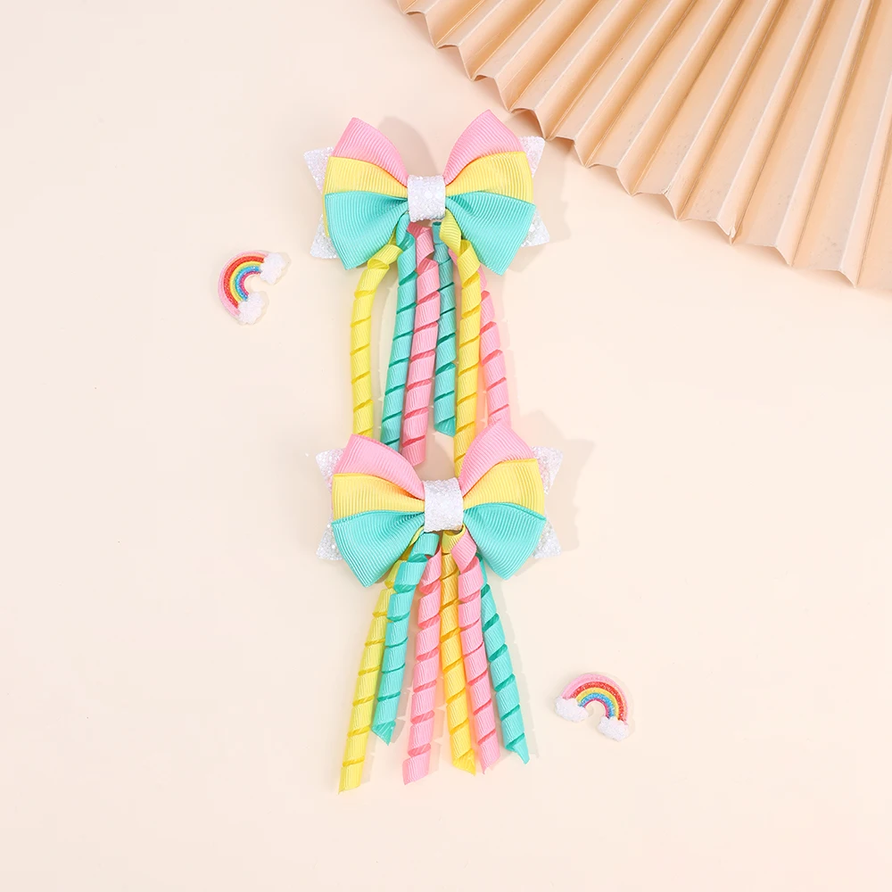 2Pcs Ribbon-Tassel Hair Clips Popular Sweet Rainbow Curly Ribbon Double Ponytail Hairpin Baby Girl Hair Accessories For Children