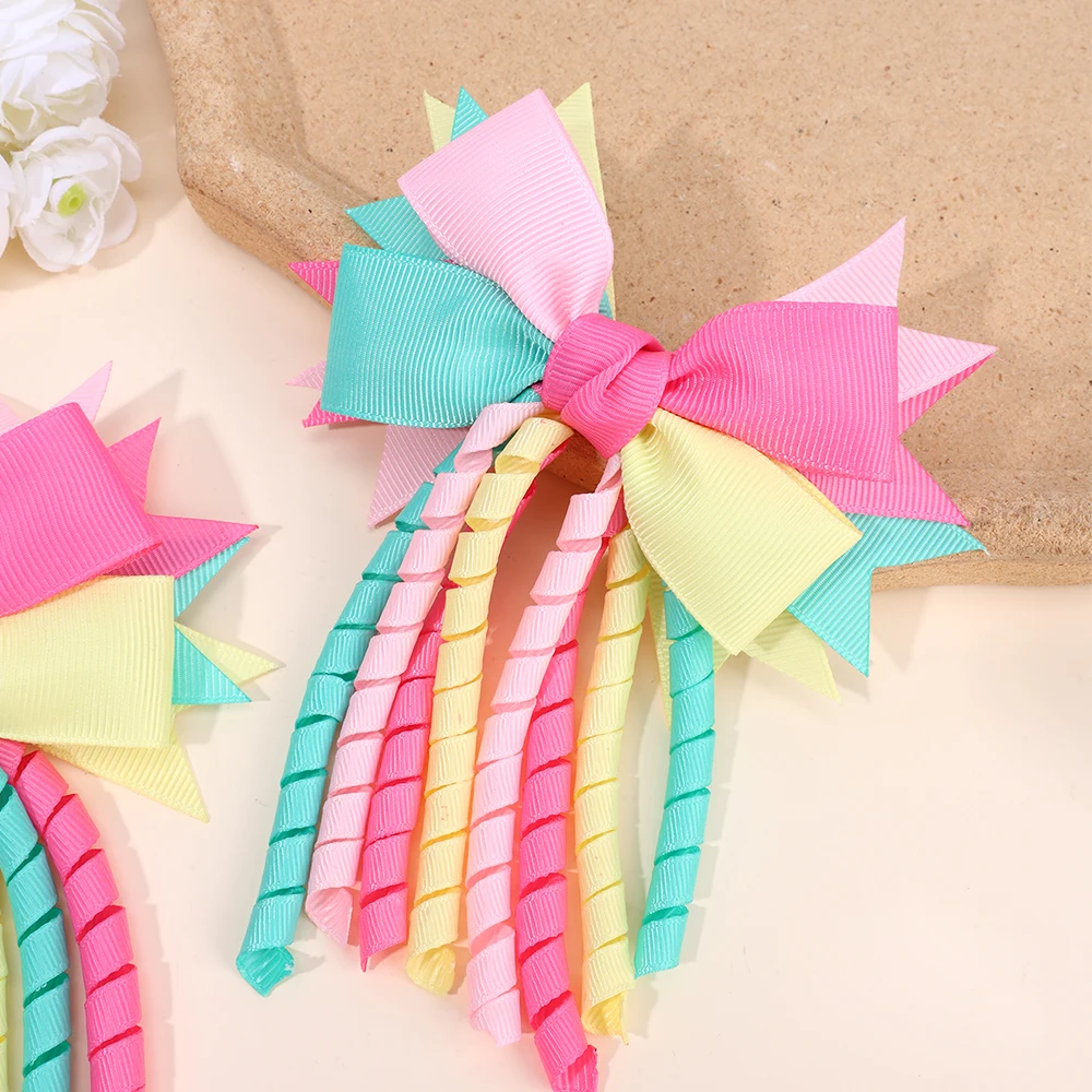 2Pcs Ribbon-Tassel Hair Clips Popular Sweet Rainbow Curly Ribbon Double Ponytail Hairpin Baby Girl Hair Accessories For Children
