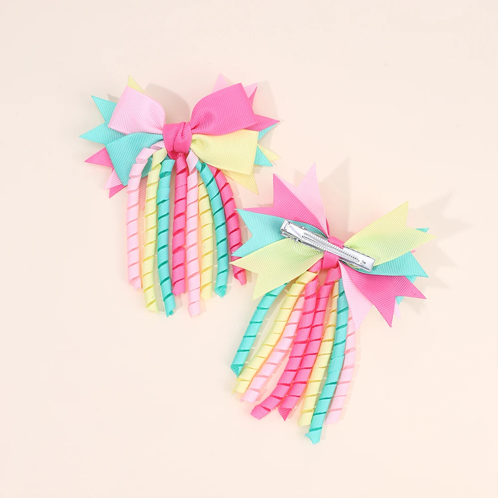 2Pcs Ribbon-Tassel Hair Clips Popular Sweet Rainbow Curly Ribbon Double Ponytail Hairpin Baby Girl Hair Accessories For Children
