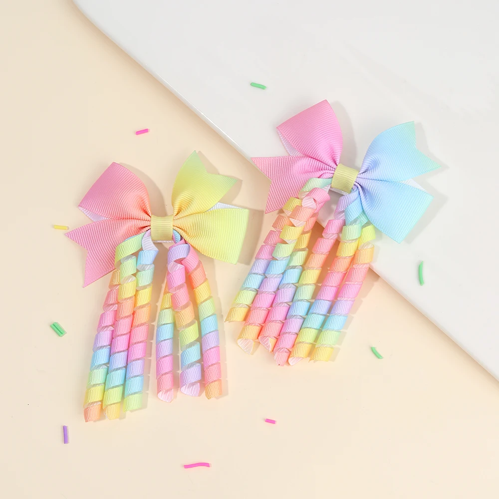 2Pcs Ribbon-Tassel Hair Clips Popular Sweet Rainbow Curly Ribbon Double Ponytail Hairpin Baby Girl Hair Accessories For Children