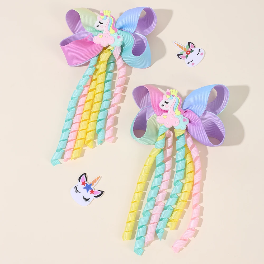 2Pcs Ribbon-Tassel Hair Clips Popular Sweet Rainbow Curly Ribbon Double Ponytail Hairpin Baby Girl Hair Accessories For Children