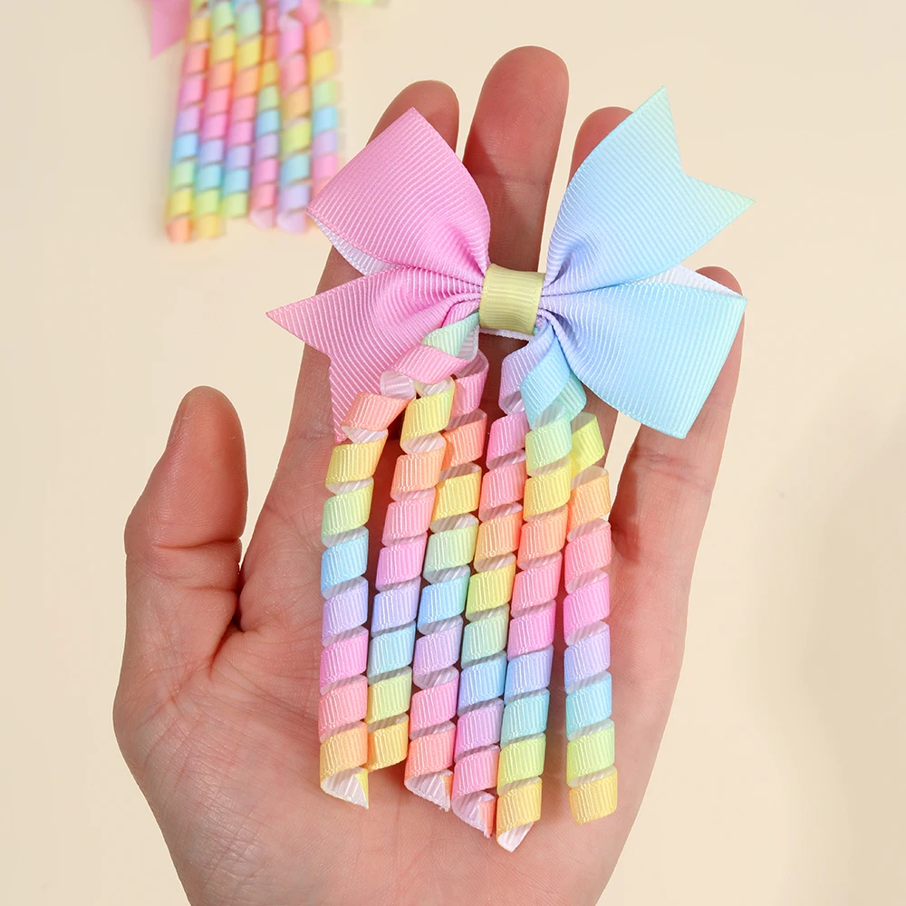 2Pcs Ribbon-Tassel Hair Clips Popular Sweet Rainbow Curly Ribbon Double Ponytail Hairpin Baby Girl Hair Accessories For Children