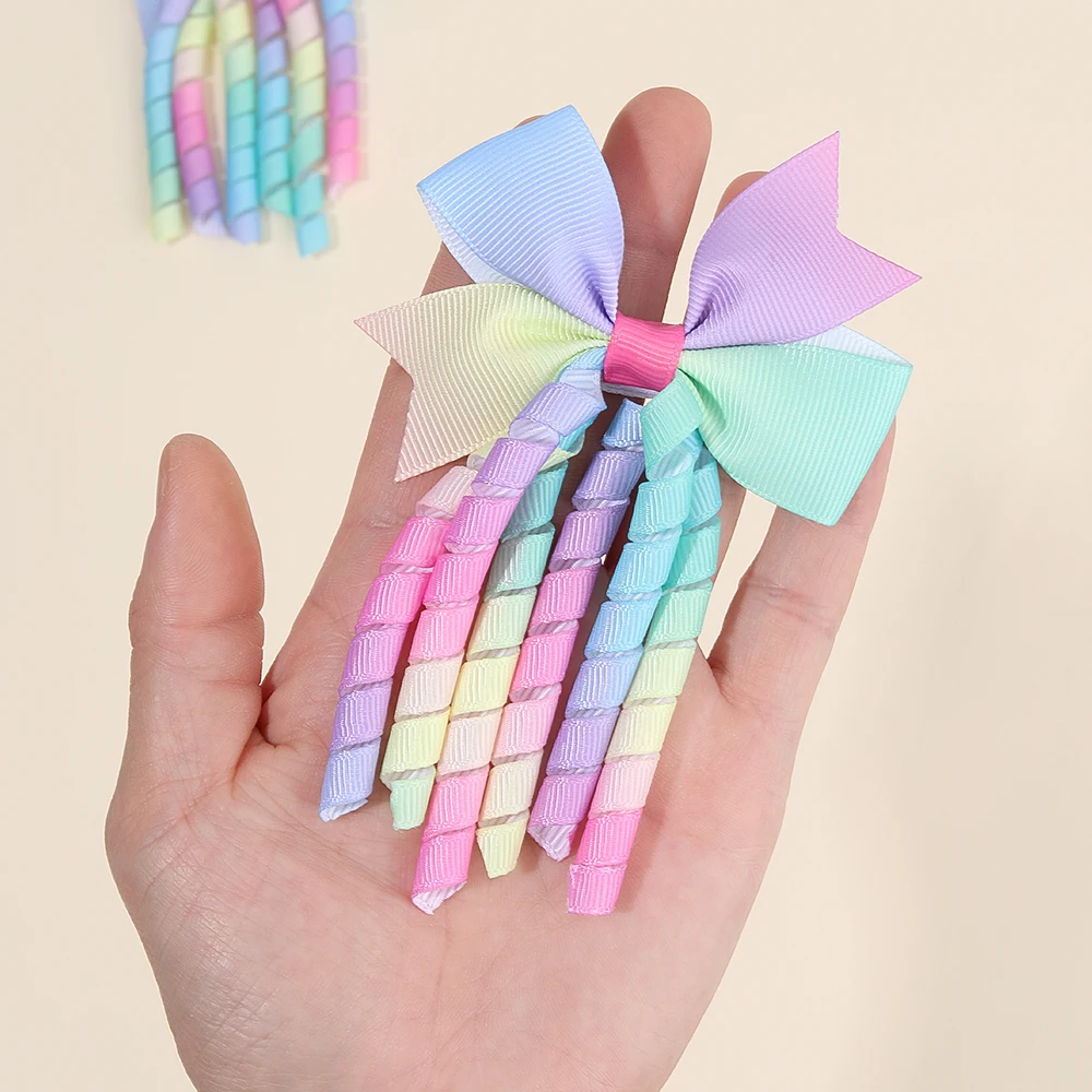 2Pcs Ribbon-Tassel Hair Clips Popular Sweet Rainbow Curly Ribbon Double Ponytail Hairpin Baby Girl Hair Accessories For Children