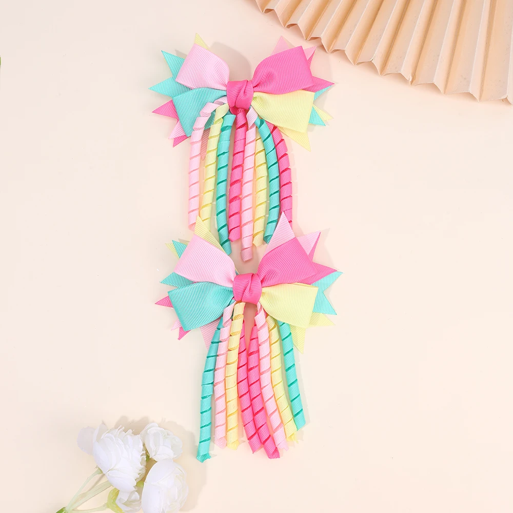 2Pcs Ribbon-Tassel Hair Clips Popular Sweet Rainbow Curly Ribbon Double Ponytail Hairpin Baby Girl Hair Accessories For Children