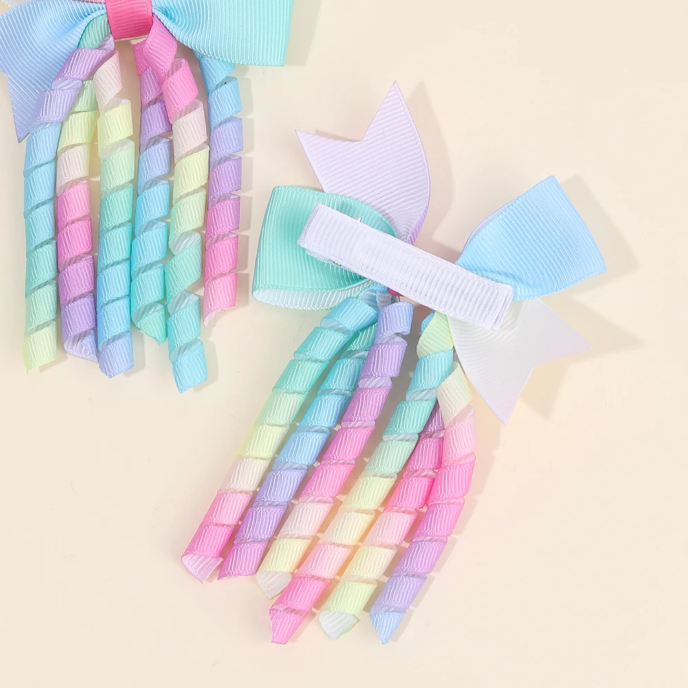 2Pcs Ribbon-Tassel Hair Clips Popular Sweet Rainbow Curly Ribbon Double Ponytail Hairpin Baby Girl Hair Accessories For Children