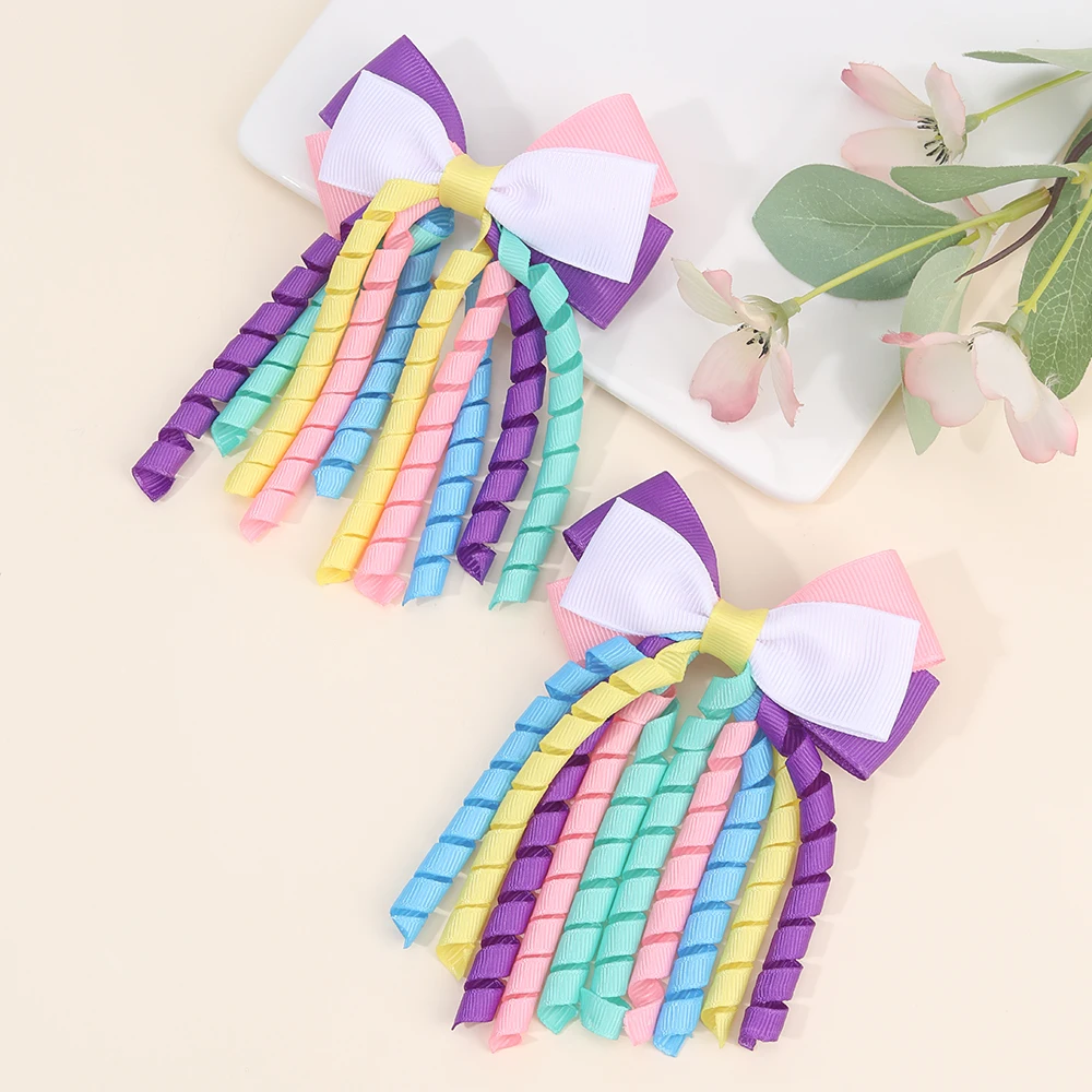 2Pcs Ribbon-Tassel Hair Clips Popular Sweet Rainbow Curly Ribbon Double Ponytail Hairpin Baby Girl Hair Accessories For Children