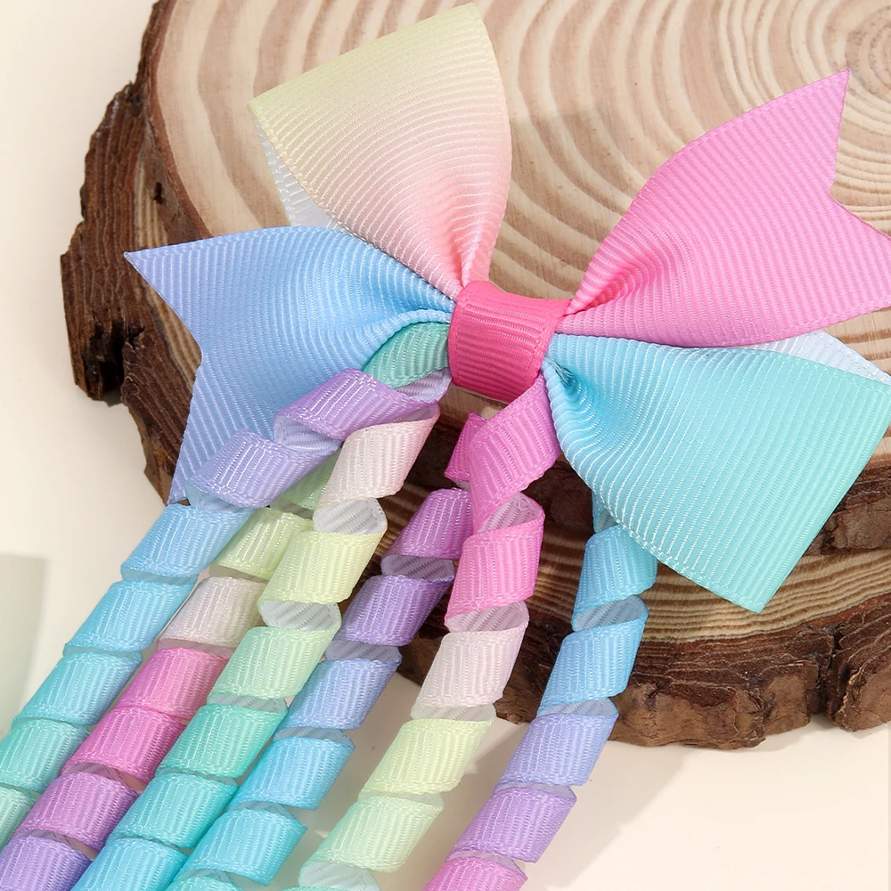 2Pcs Ribbon-Tassel Hair Clips Popular Sweet Rainbow Curly Ribbon Double Ponytail Hairpin Baby Girl Hair Accessories For Children