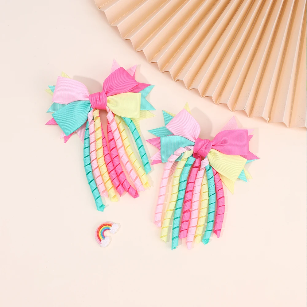 2Pcs Ribbon-Tassel Hair Clips Popular Sweet Rainbow Curly Ribbon Double Ponytail Hairpin Baby Girl Hair Accessories For Children