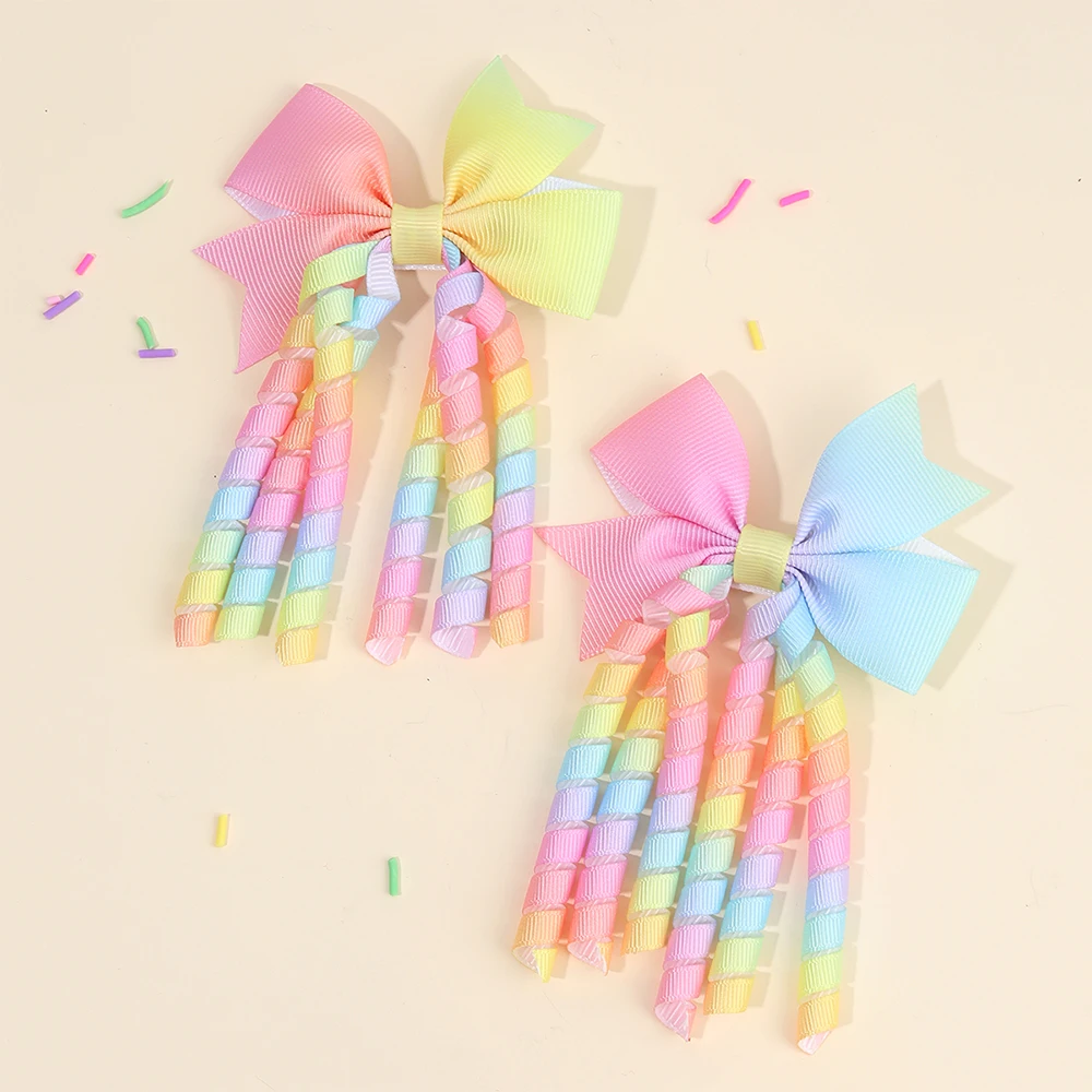 2Pcs Ribbon-Tassel Hair Clips Popular Sweet Rainbow Curly Ribbon Double Ponytail Hairpin Baby Girl Hair Accessories For Children