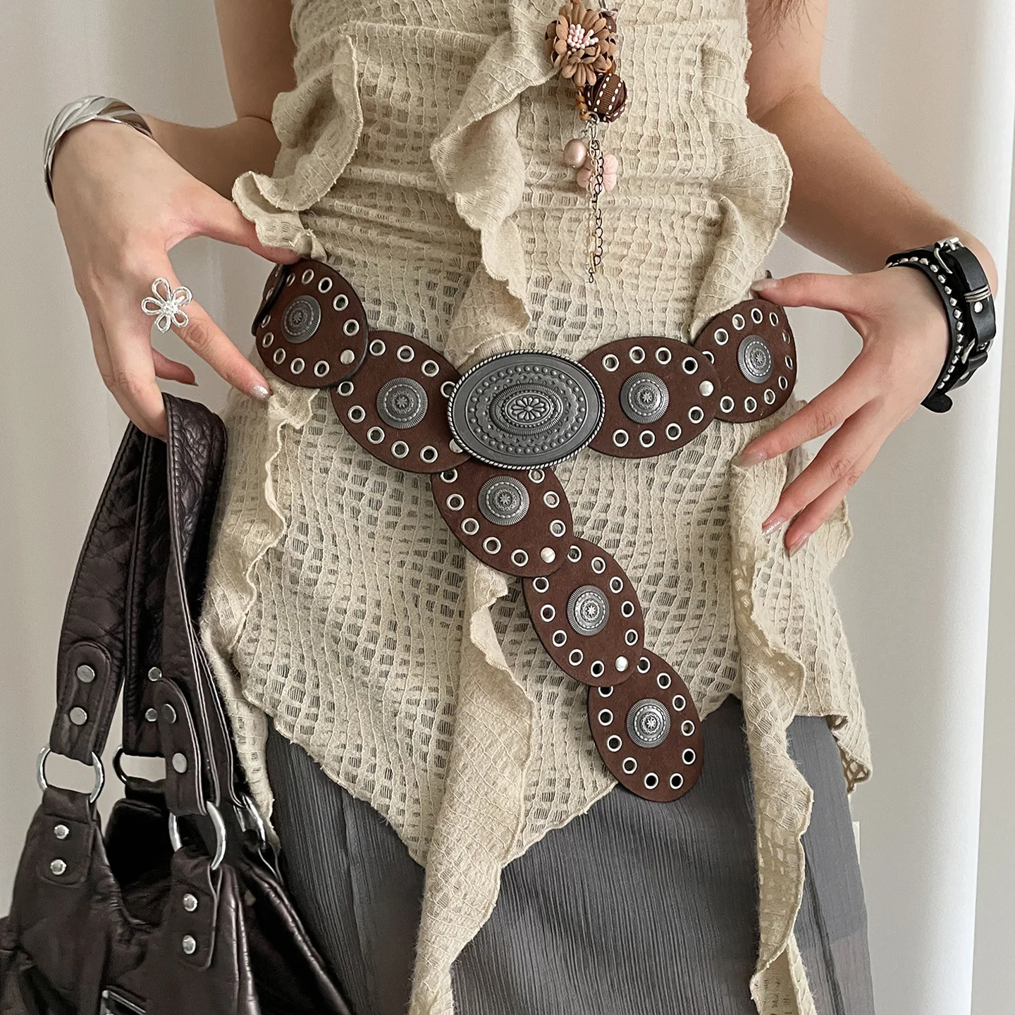 1pc New Vintage Style Women'S Faux PU Belt with Oval Rivet Buckle Waistband Vintage Personalized Belts