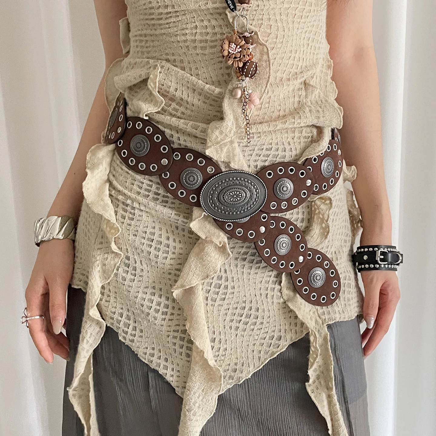 1pc New Vintage Style Women'S Faux PU Belt with Oval Rivet Buckle Waistband Vintage Personalized Belts