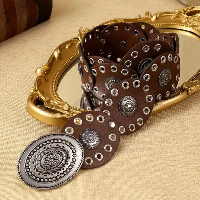 1pc New Vintage Style Women'S Faux PU Belt with Oval Rivet Buckle Waistband Vintage Personalized Belts