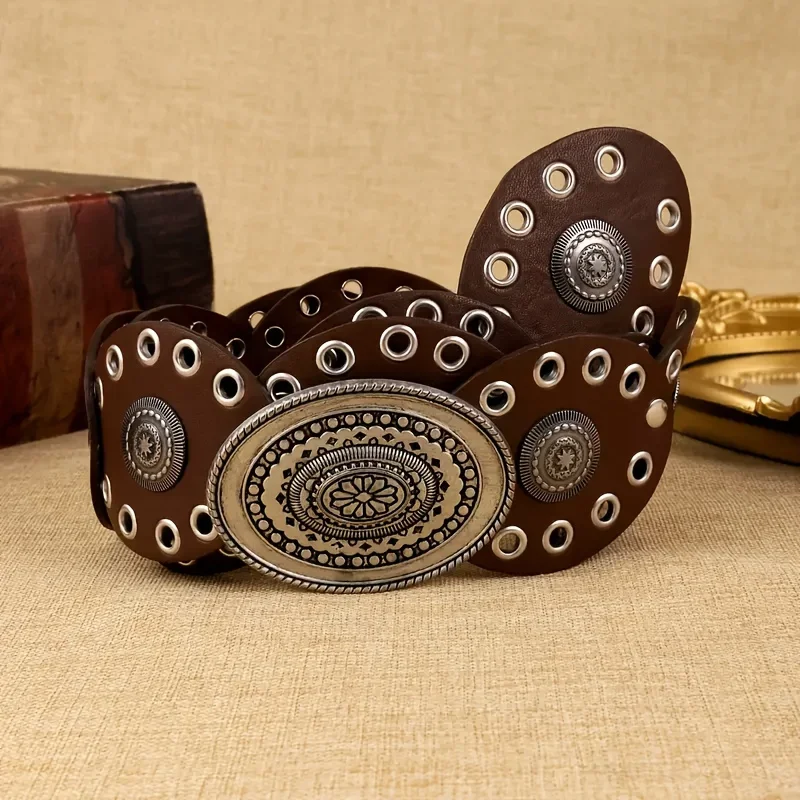 1pc New Vintage Style Women'S Faux PU Belt with Oval Rivet Buckle Waistband Vintage Personalized Belts