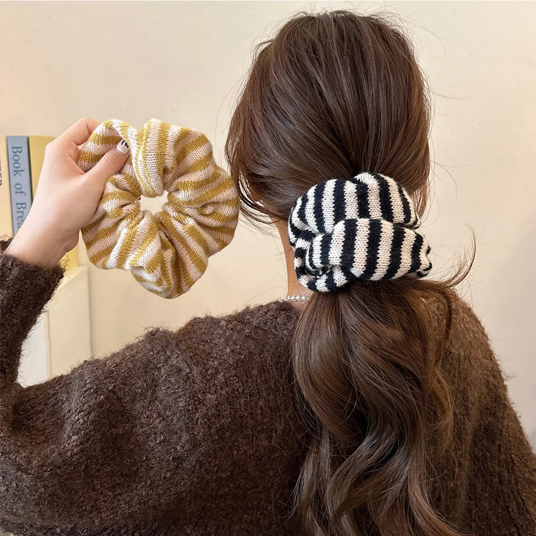 Stripes Knitted Wool Fabric Large Scrunchies Elastic Hair Bands Women Girls Ponytail Hair Ties Headbands Winter Hair Accessories
