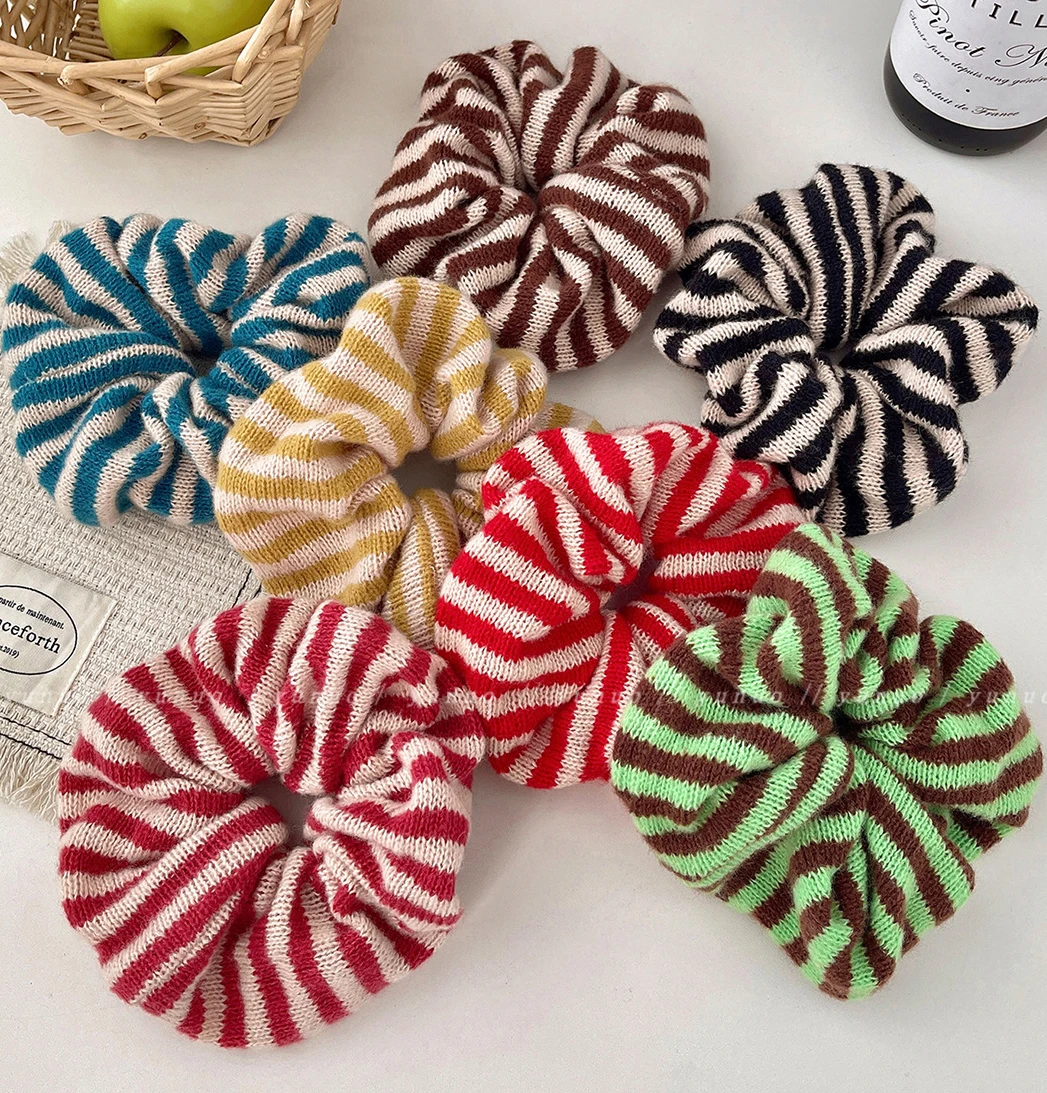 Stripes Knitted Wool Fabric Large Scrunchies Elastic Hair Bands Women Girls Ponytail Hair Ties Headbands Winter Hair Accessories
